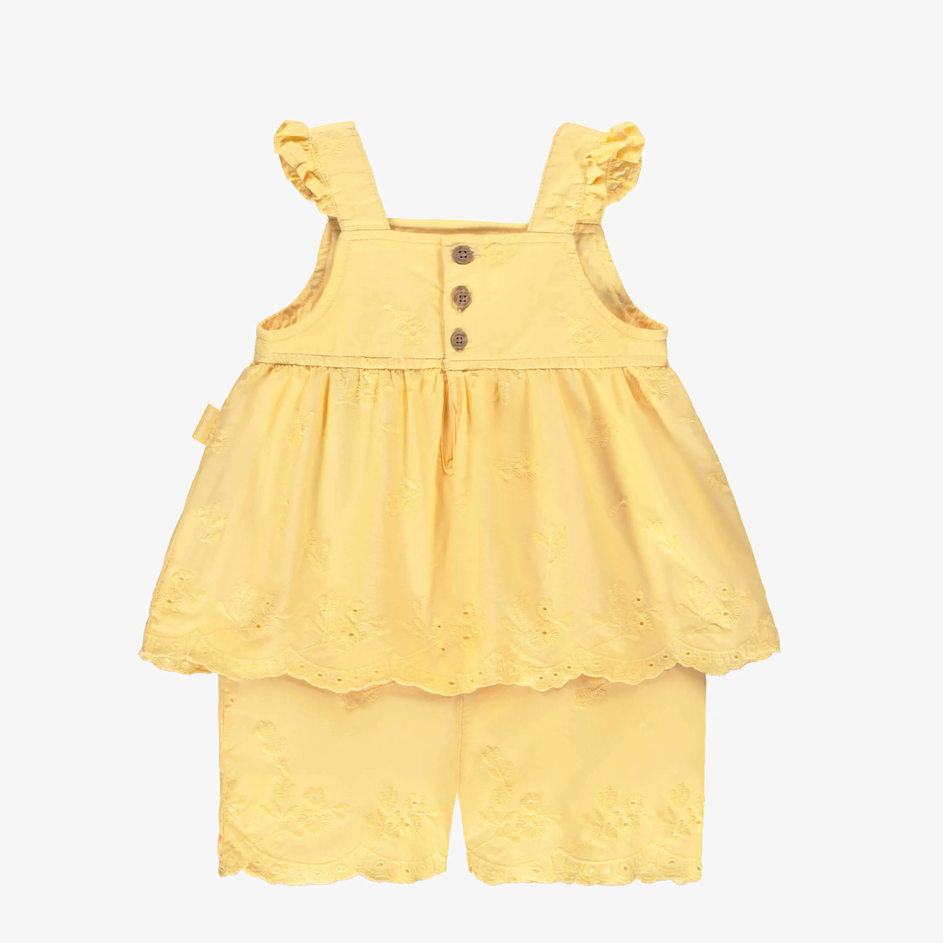Une pièce jaune en popeline avec broderies et volants, bébé || Yellow one-piece in poplin with embroidery and ruffles, baby