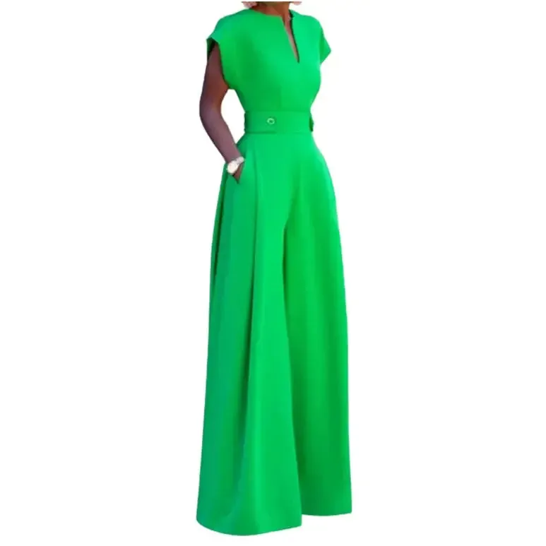 V-Neck Cap Sleeve Waist Accented Wide Leg Jumpsuit