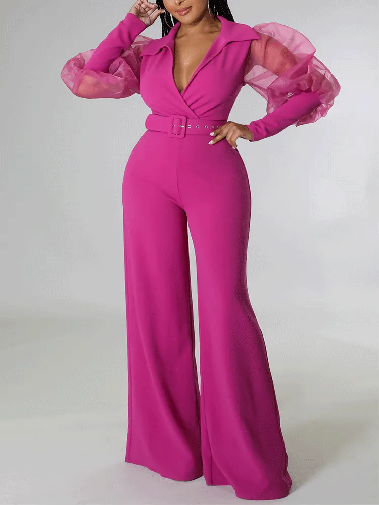 V Neck Mesh Sleeve Belted Jumpsuit