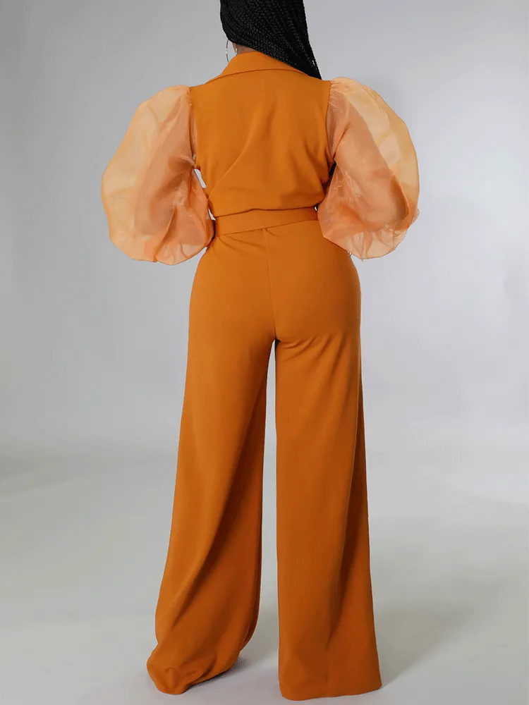 V Neck Mesh Sleeve Belted Jumpsuit