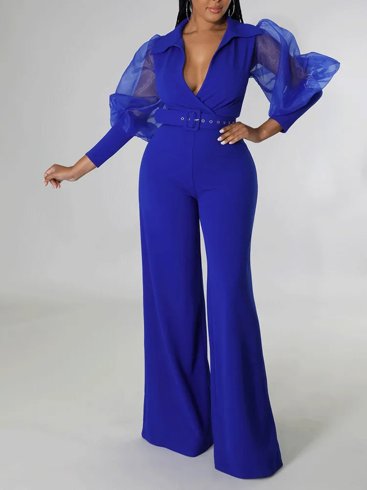V Neck Mesh Sleeve Belted Jumpsuit