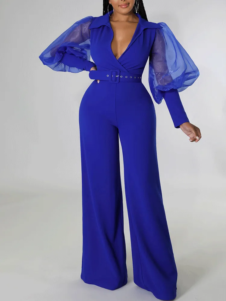 V Neck Mesh Sleeve Belted Jumpsuit