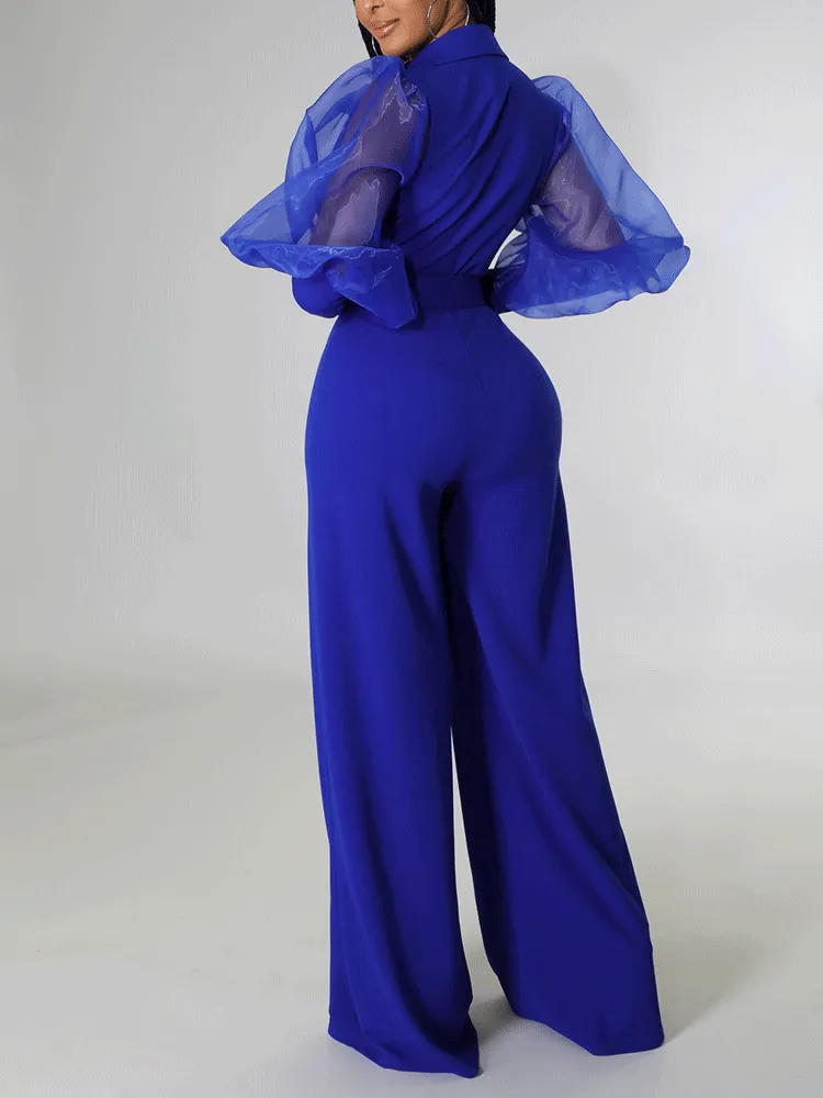 V Neck Mesh Sleeve Belted Jumpsuit