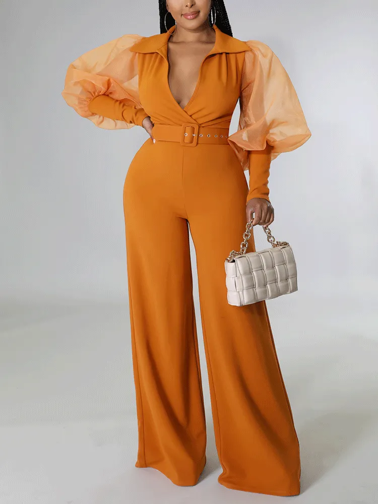 V Neck Mesh Sleeve Belted Jumpsuit