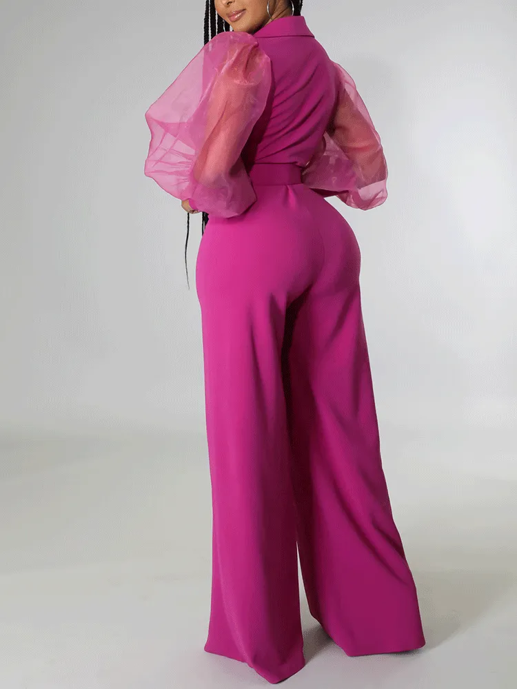 V Neck Mesh Sleeve Belted Jumpsuit