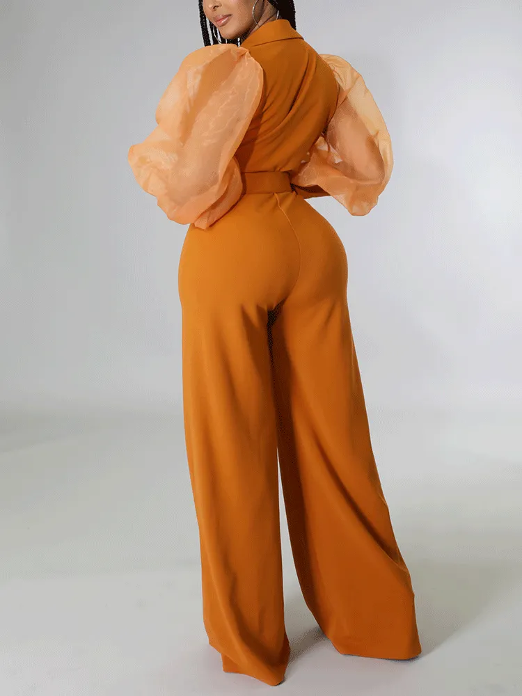 V Neck Mesh Sleeve Belted Jumpsuit