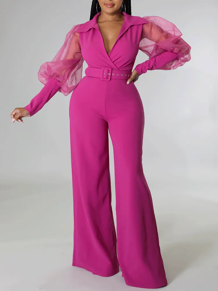 V Neck Mesh Sleeve Belted Jumpsuit