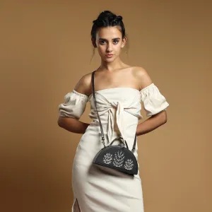 Vanam black semi circle hand embroidered wedding clutch bag for women