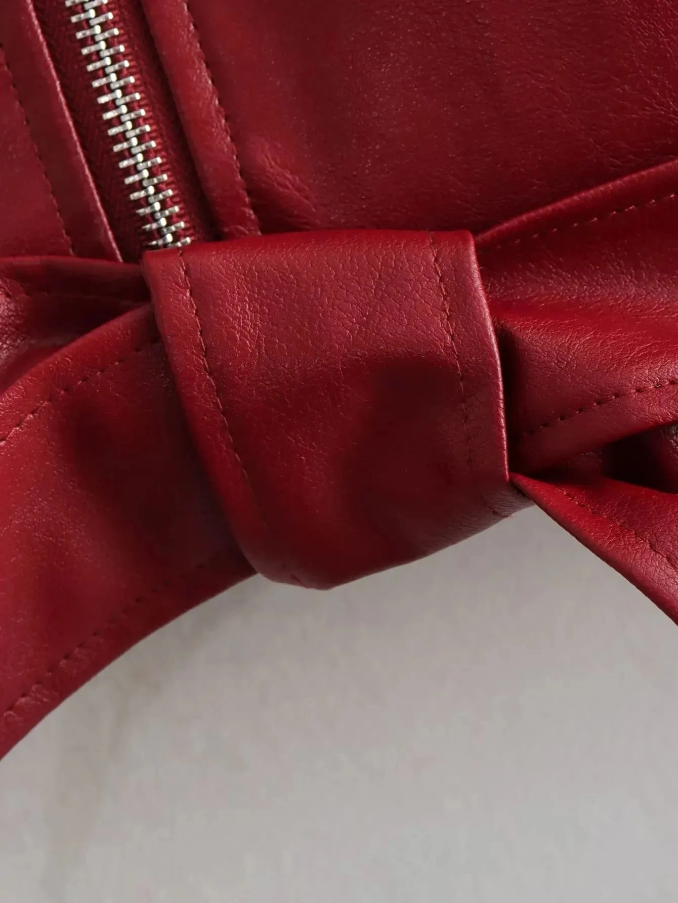 Vintage Chic Women's Faux Leather Jackets Red Solid Zipper Belt Coat Fashion Trend Autumn Winter Jackets