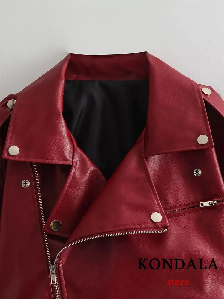 Vintage Chic Women's Faux Leather Jackets Red Solid Zipper Belt Coat Fashion Trend Autumn Winter Jackets