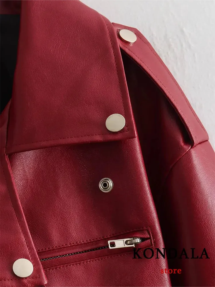 Vintage Chic Women's Faux Leather Jackets Red Solid Zipper Belt Coat Fashion Trend Autumn Winter Jackets