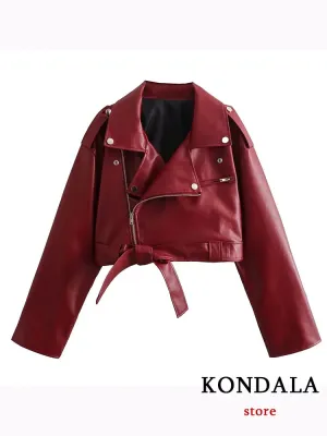 Vintage Chic Women's Faux Leather Jackets Red Solid Zipper Belt Coat Fashion Trend Autumn Winter Jackets