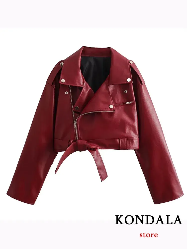 Vintage Chic Women's Faux Leather Jackets Red Solid Zipper Belt Coat Fashion Trend Autumn Winter Jackets