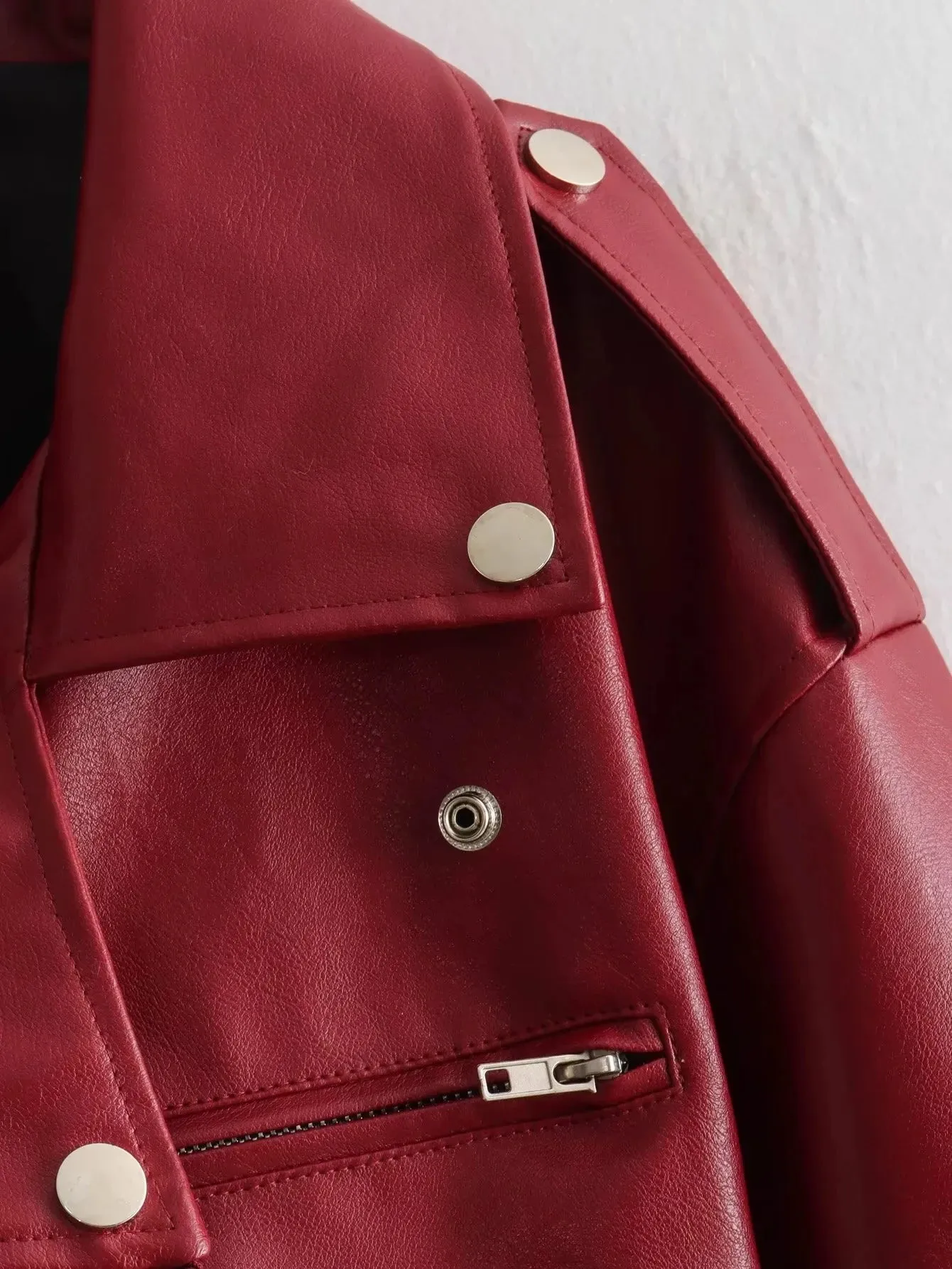 Vintage Chic Women's Faux Leather Jackets Red Solid Zipper Belt Coat Fashion Trend Autumn Winter Jackets