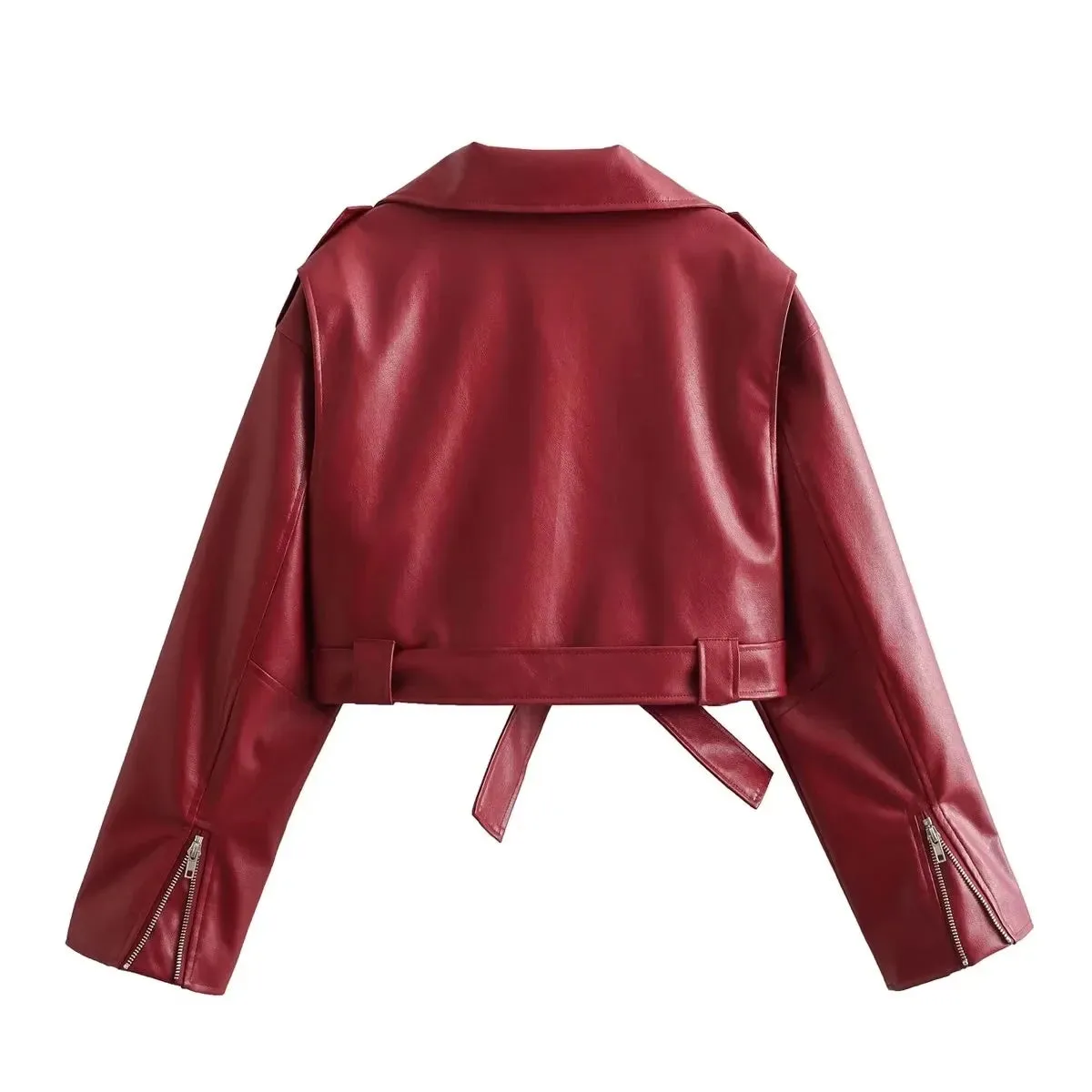Vintage Chic Women's Faux Leather Jackets Red Solid Zipper Belt Coat Fashion Trend Autumn Winter Jackets