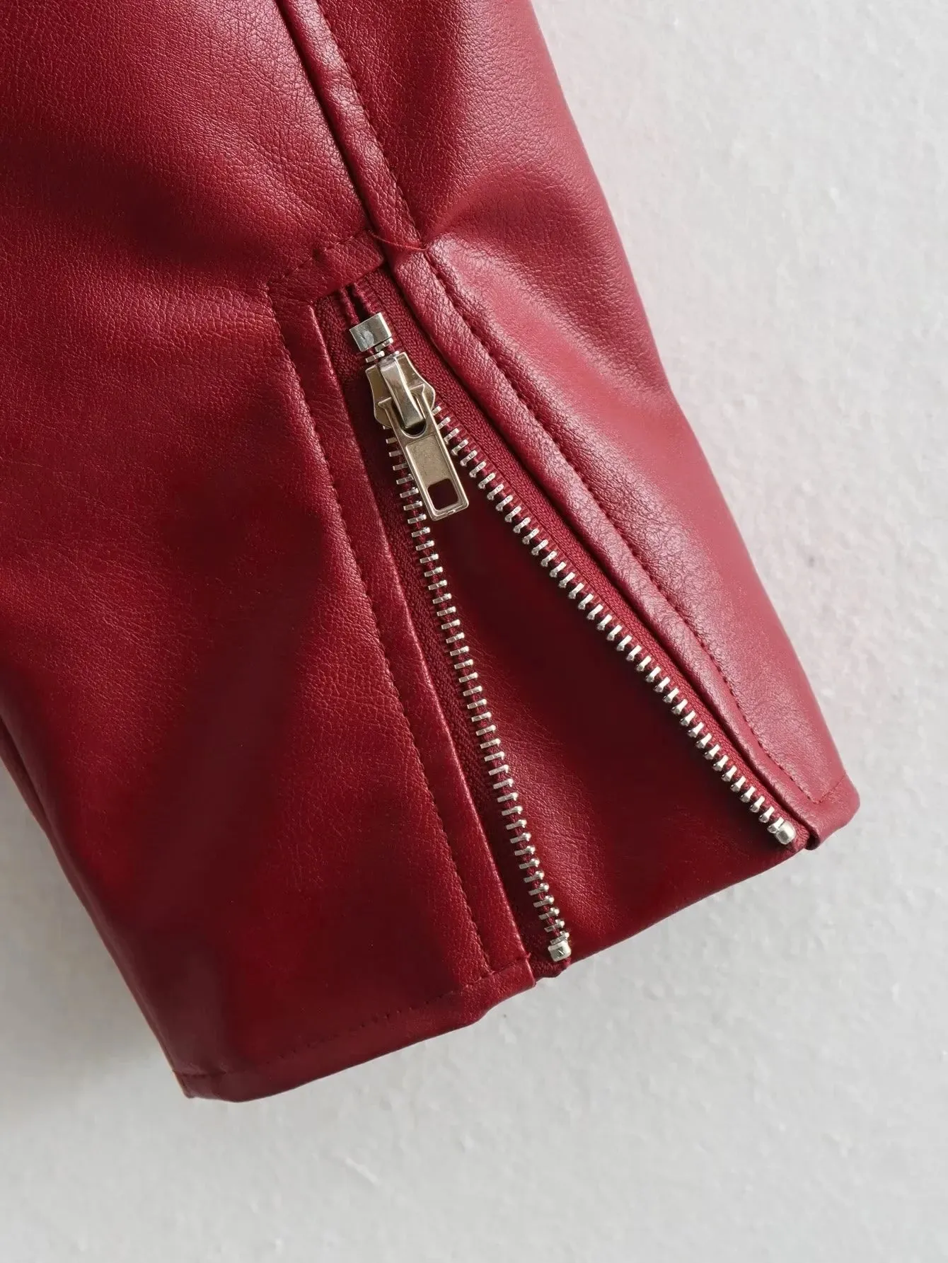 Vintage Chic Women's Faux Leather Jackets Red Solid Zipper Belt Coat Fashion Trend Autumn Winter Jackets