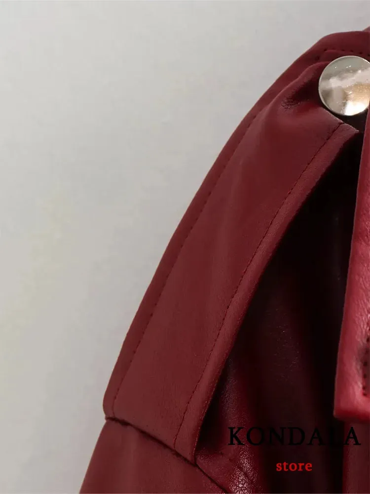 Vintage Chic Women's Faux Leather Jackets Red Solid Zipper Belt Coat Fashion Trend Autumn Winter Jackets
