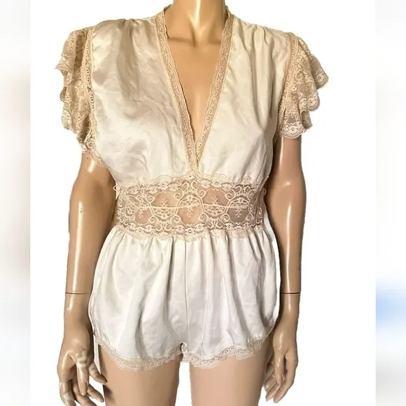 Vintage Lingerie Lace Teddy Romper 80s Waist Lily Of France Sheer Satin Sz  M