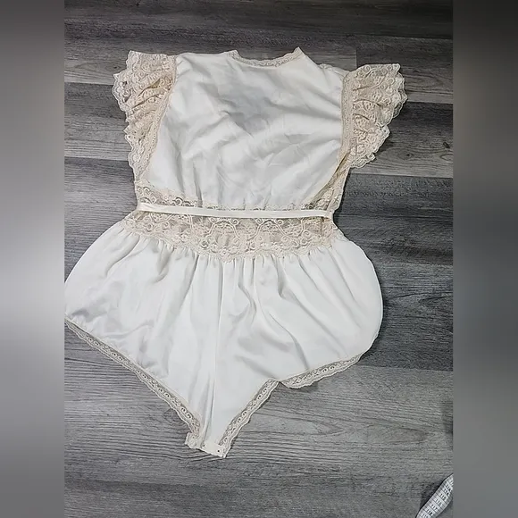 Vintage Lingerie Lace Teddy Romper 80s Waist Lily Of France Sheer Satin Sz  M
