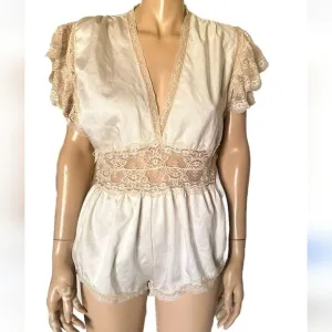 Vintage Lingerie Lace Teddy Romper 80s Waist Lily Of France Sheer Satin Sz  M