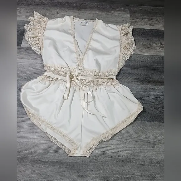 Vintage Lingerie Lace Teddy Romper 80s Waist Lily Of France Sheer Satin Sz  M