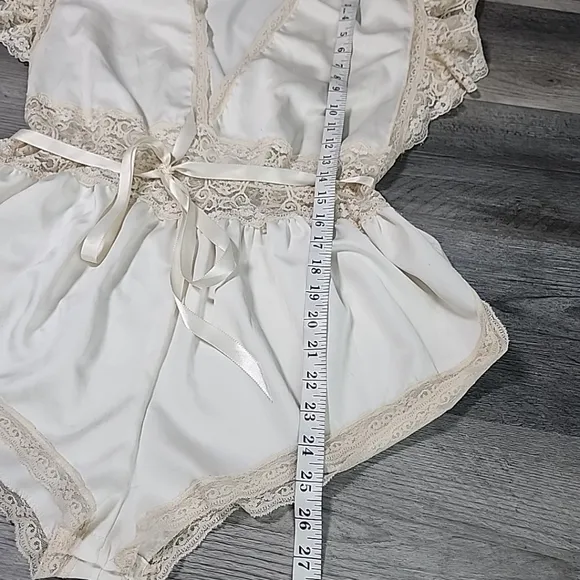 Vintage Lingerie Lace Teddy Romper 80s Waist Lily Of France Sheer Satin Sz  M