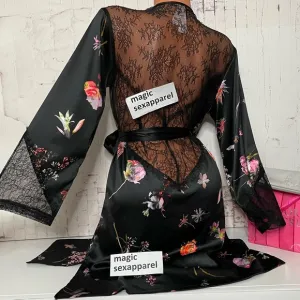 VS XS/S LUXE SATIN CHANTILLY LACE ROBE KIMONO LINGERIE FLORAL