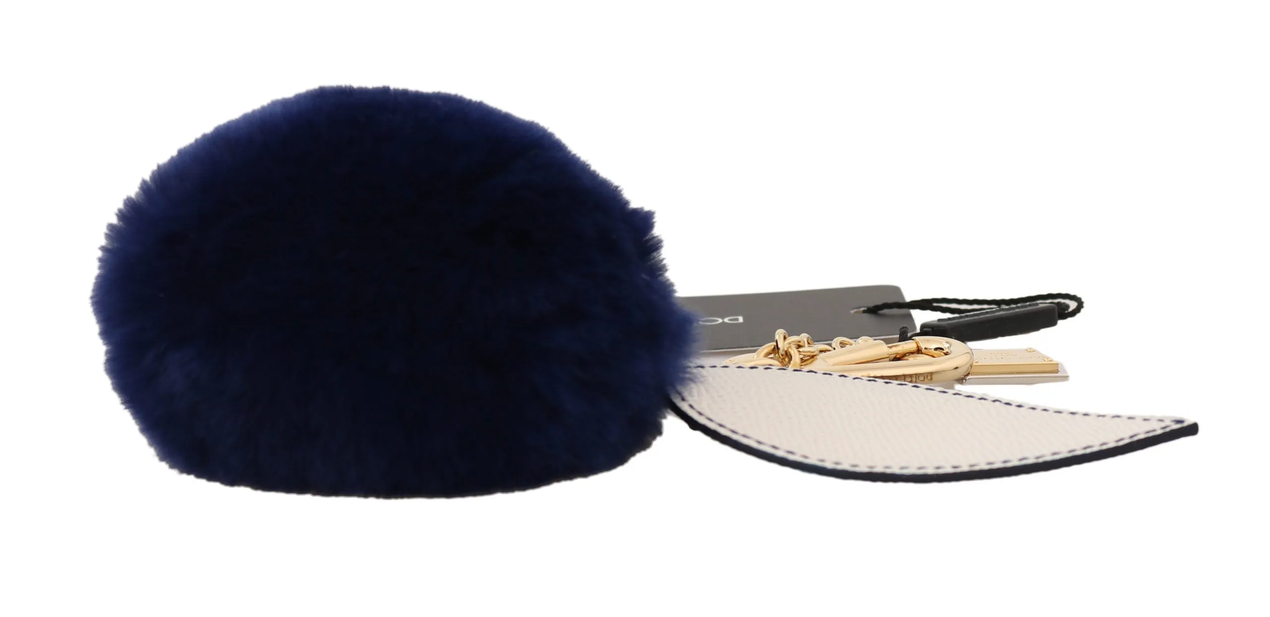 White Blue Leather Fur Gold Clasp Keyring Keychain