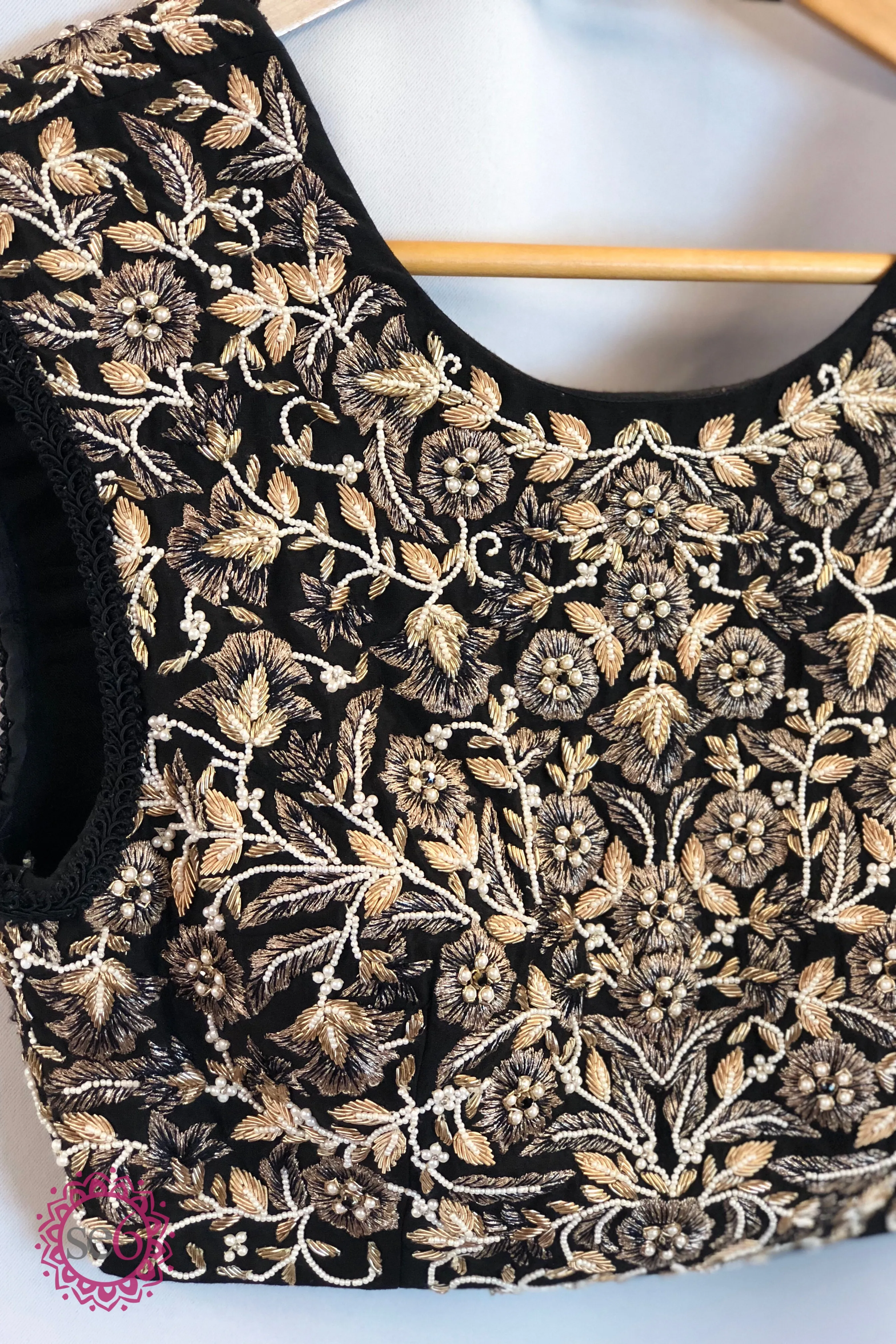 White Gold Floral Embroidered Black Blouse- Ready to Ship