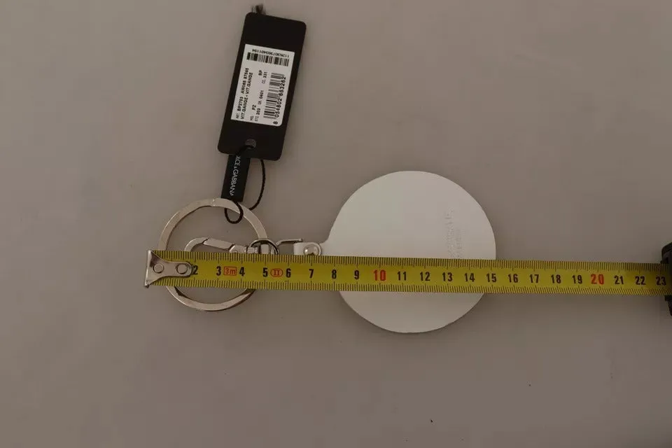 White Leather Printed Metal Silver Tone Keyring Keychain