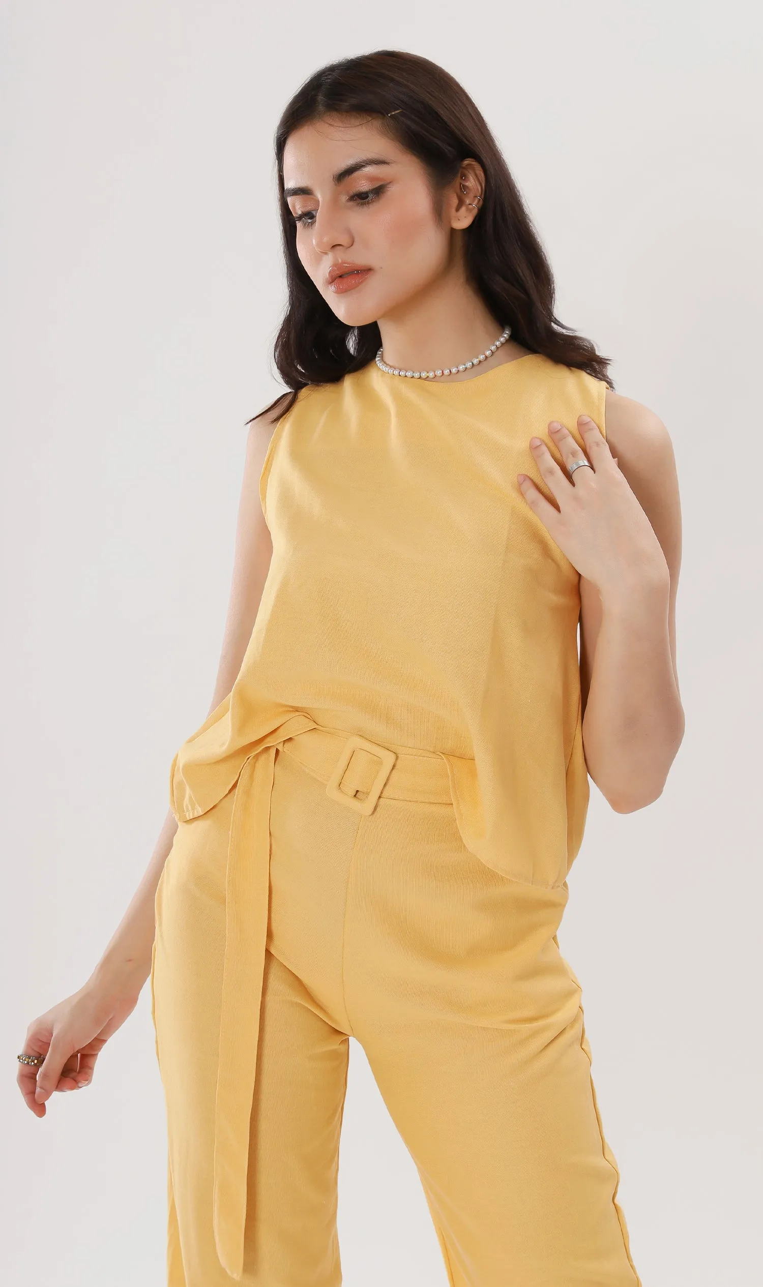 WILLA Linen Sleeveless Top & Belted Pants Co-ord (Yellow)