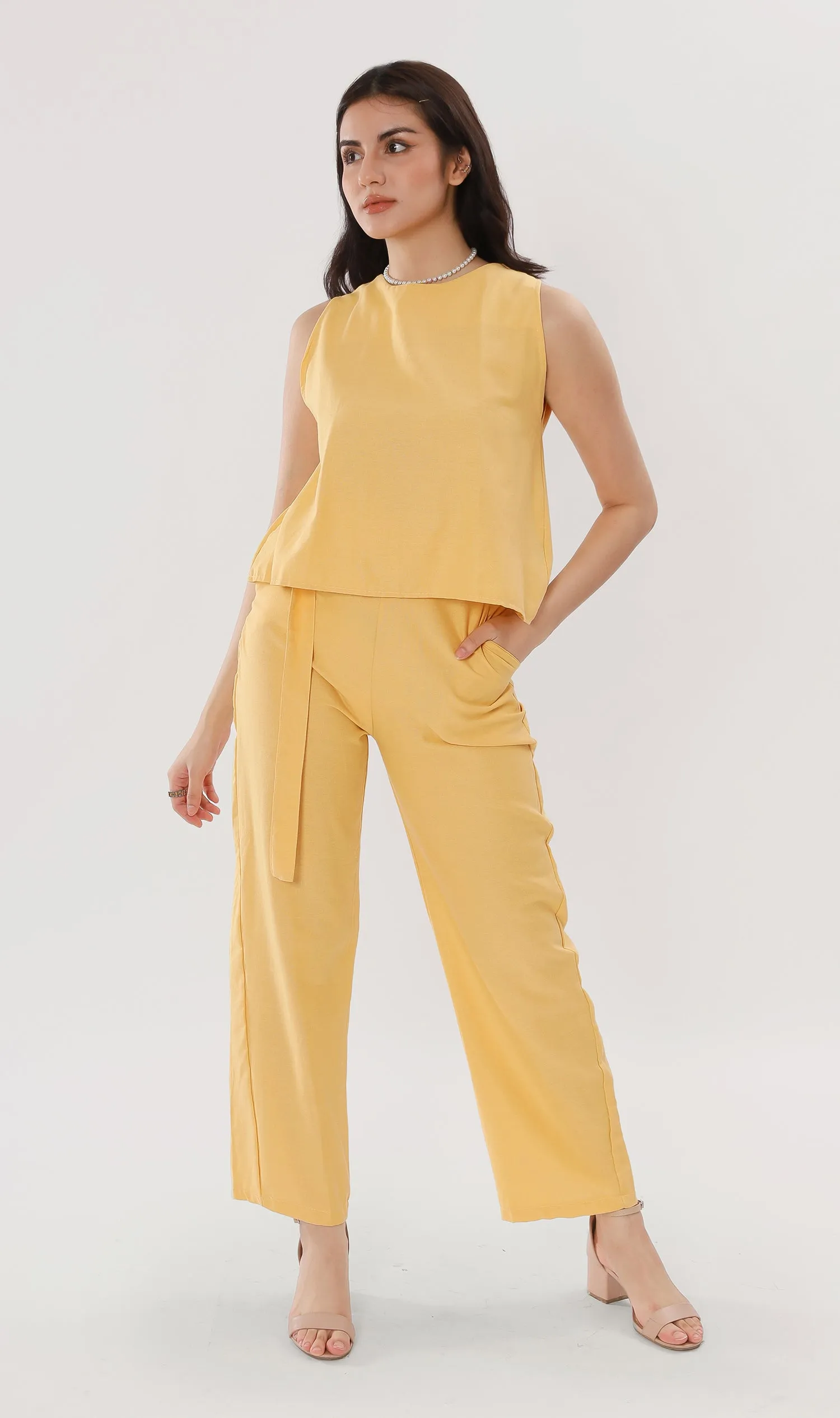 WILLA Linen Sleeveless Top & Belted Pants Co-ord (Yellow)