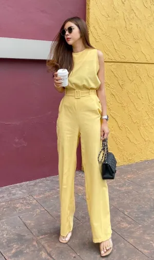 WILLA Linen Sleeveless Top & Belted Pants Co-ord (Yellow)