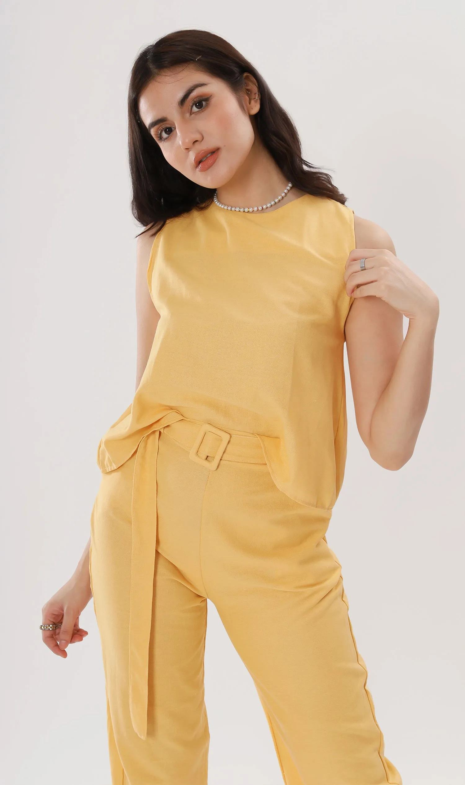 WILLA Linen Sleeveless Top & Belted Pants Co-ord (Yellow)