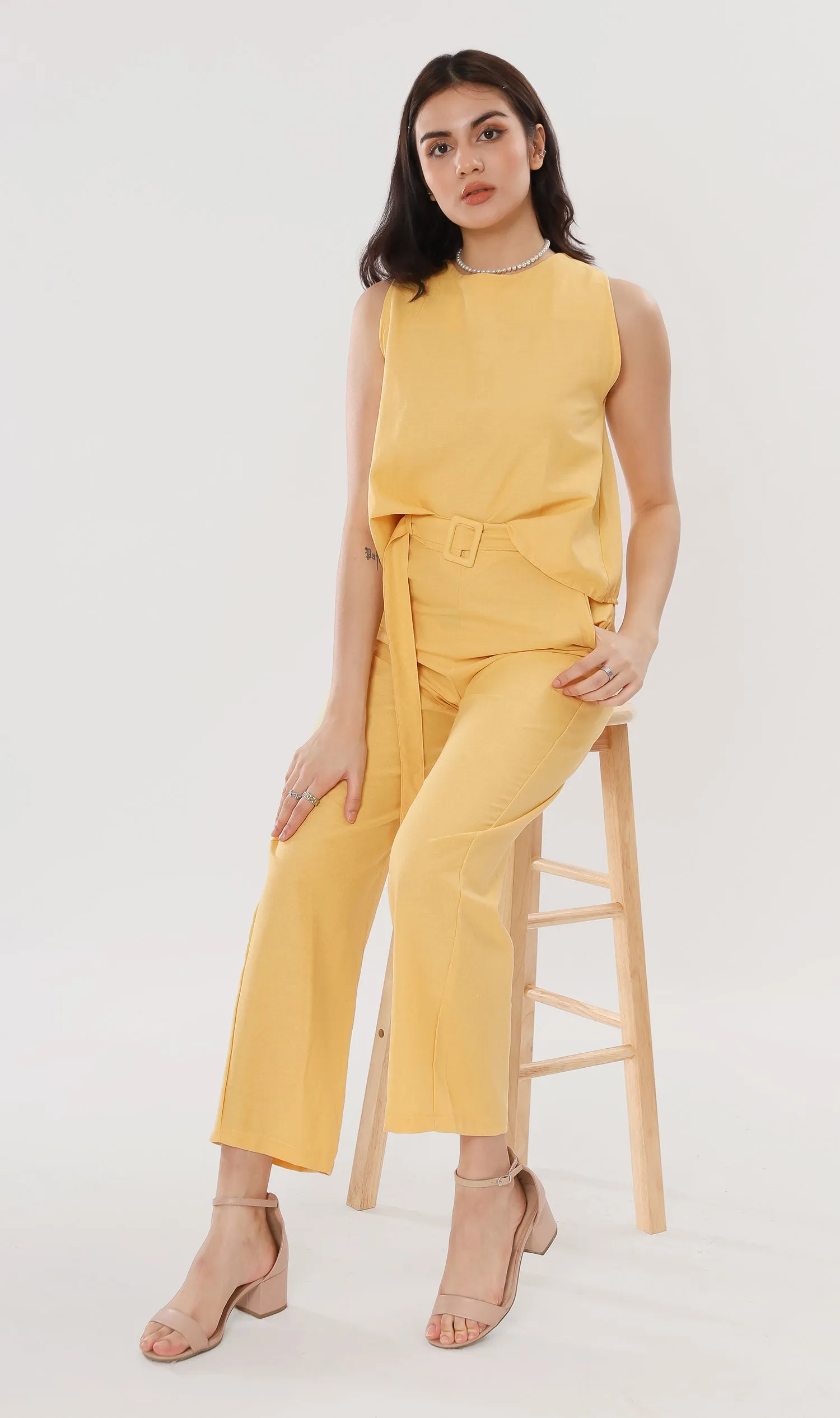 WILLA Linen Sleeveless Top & Belted Pants Co-ord (Yellow)