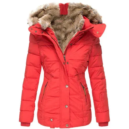 Winter women's coat with fur-trimmed hood, autumn/winter style
