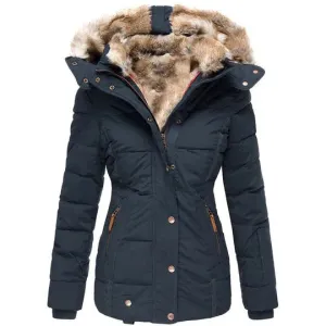 Winter women's coat with fur-trimmed hood, autumn/winter style