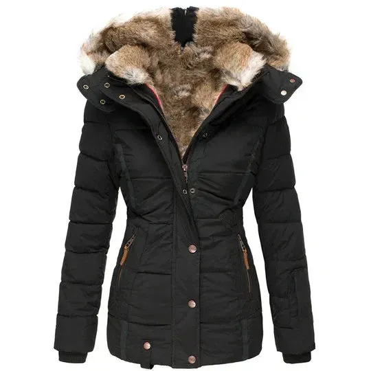Winter women's coat with fur-trimmed hood, autumn/winter style