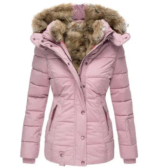 Winter women's coat with fur-trimmed hood, autumn/winter style