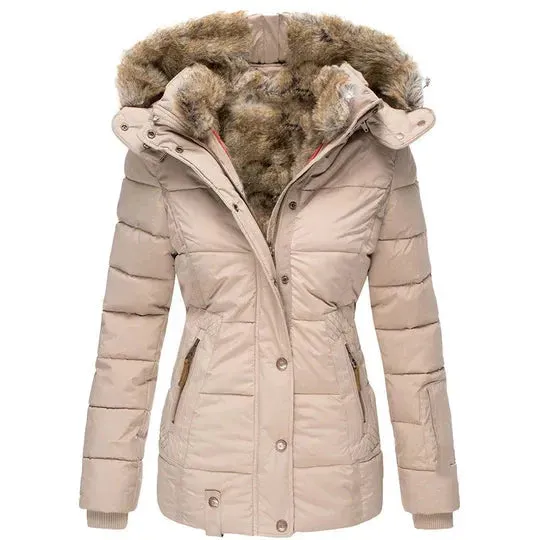 Winter women's coat with fur-trimmed hood, autumn/winter style