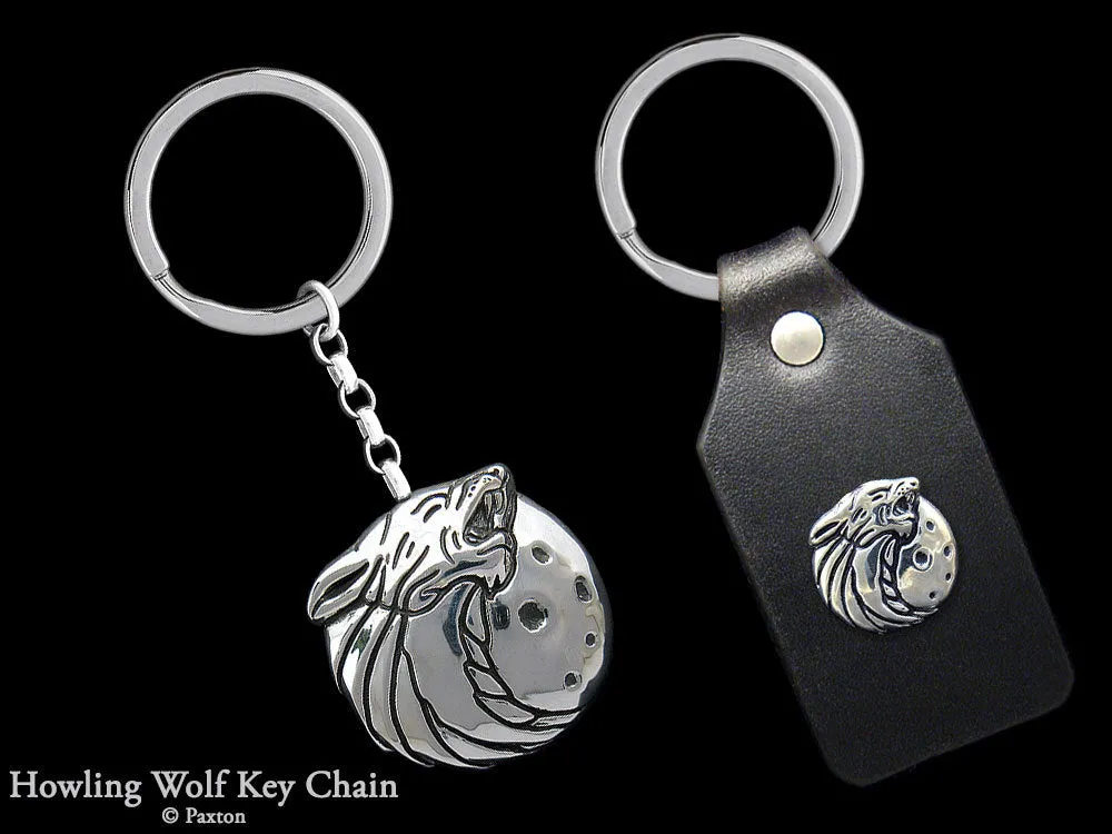 Wolf Head Howling Key Chain / Key Ring Sterling Silver