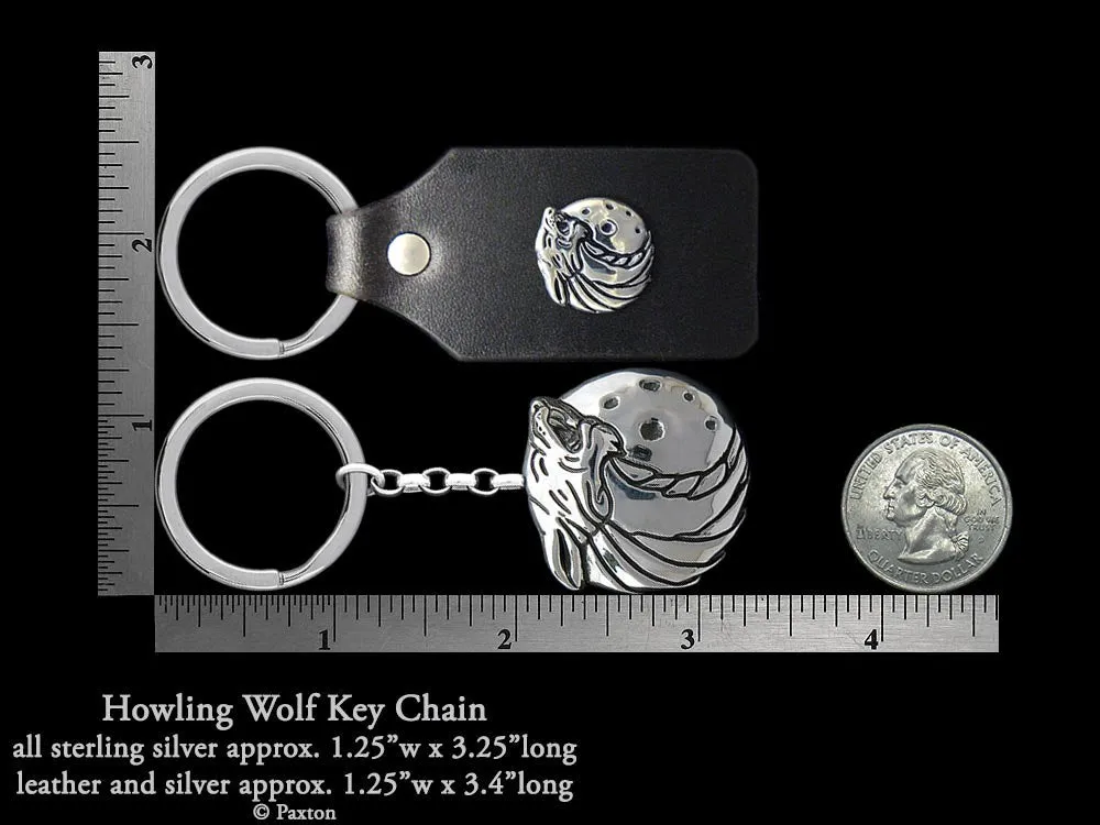 Wolf Head Howling Key Chain / Key Ring Sterling Silver