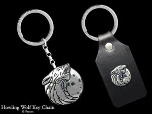 Wolf Head Howling Key Chain / Key Ring Sterling Silver