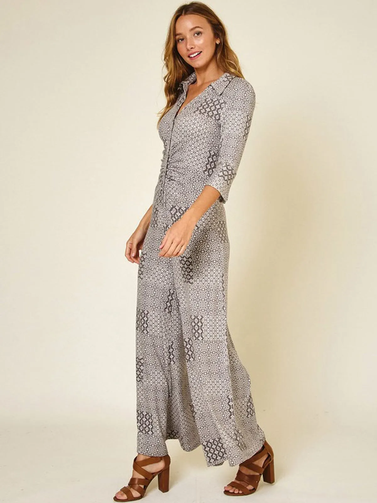 WOMEN'S 3/4 SLEEVES BELL BOTTOMS MULTI PRINT BUTTON UP JUMPSUIT