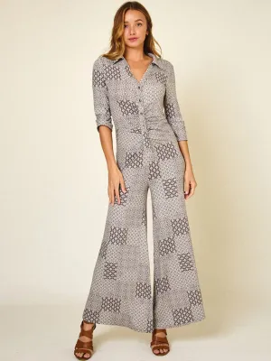 WOMEN'S 3/4 SLEEVES BELL BOTTOMS MULTI PRINT BUTTON UP JUMPSUIT