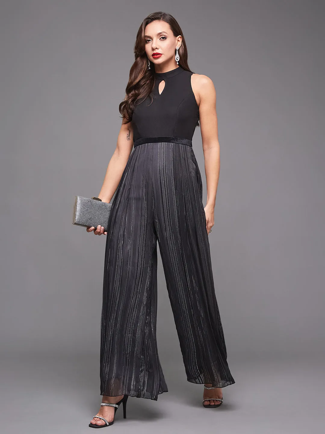Women's Black Halter Neck Sleeveless Striped Pleated Georgette Jumpsuit