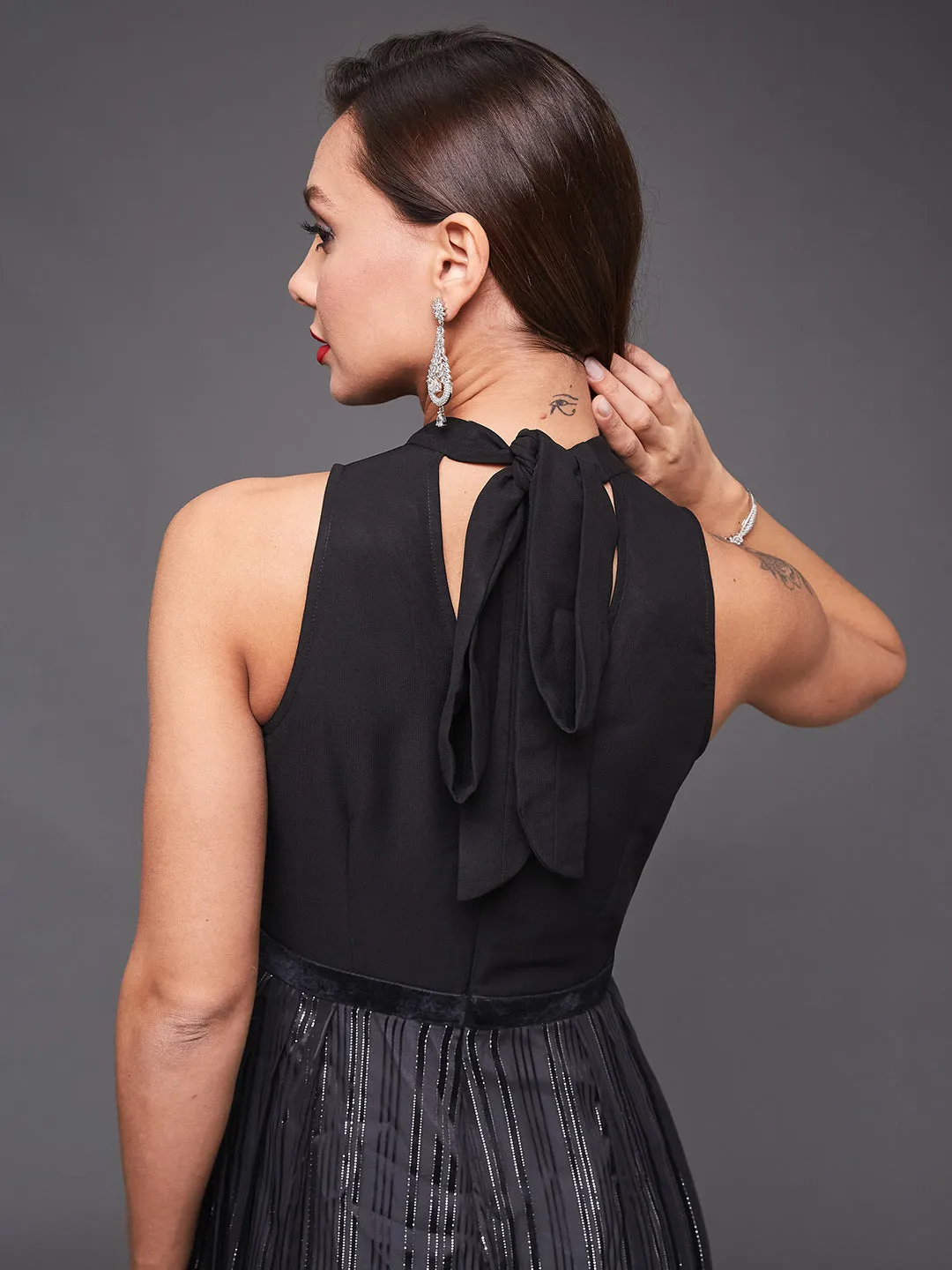 Women's Black Halter Neck Sleeveless Striped Pleated Georgette Jumpsuit