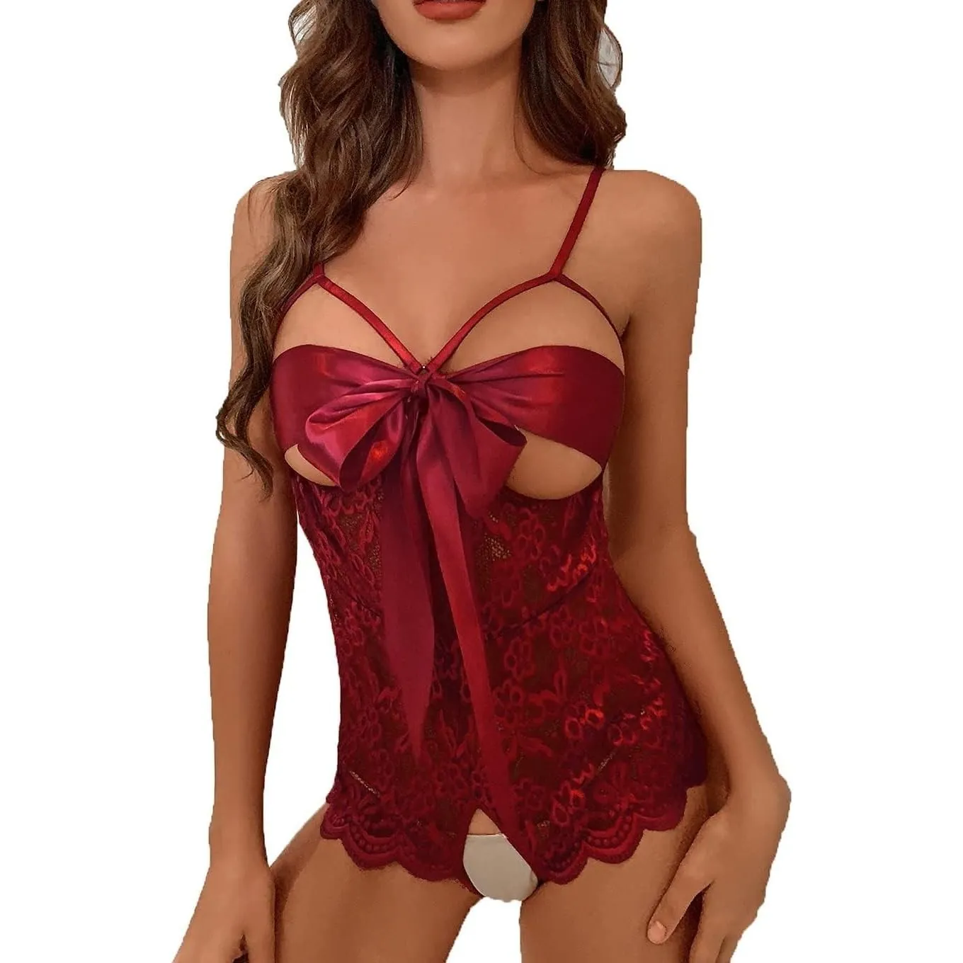 Women's Bodysuit Self Knot Front Teddy Lingerie One Piece Floral Lace Bodysuit Babydoll Women Bows Lingerie Lace Teddy Mini Chemise Nightie