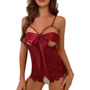Women's Bodysuit Self Knot Front Teddy Lingerie One Piece Floral Lace Bodysuit Babydoll Women Bows Lingerie Lace Teddy Mini Chemise Nightie