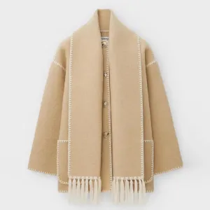 Women's Fashion Warm Coats With Scarf Elegant Single Breasted Jackets with Pockets Loose Streetwear